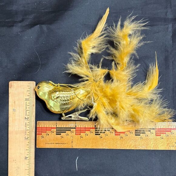 Set of Four Gold Bird Glittery Clip on Glass Ornaments with Feathers - Picture 8 of 8